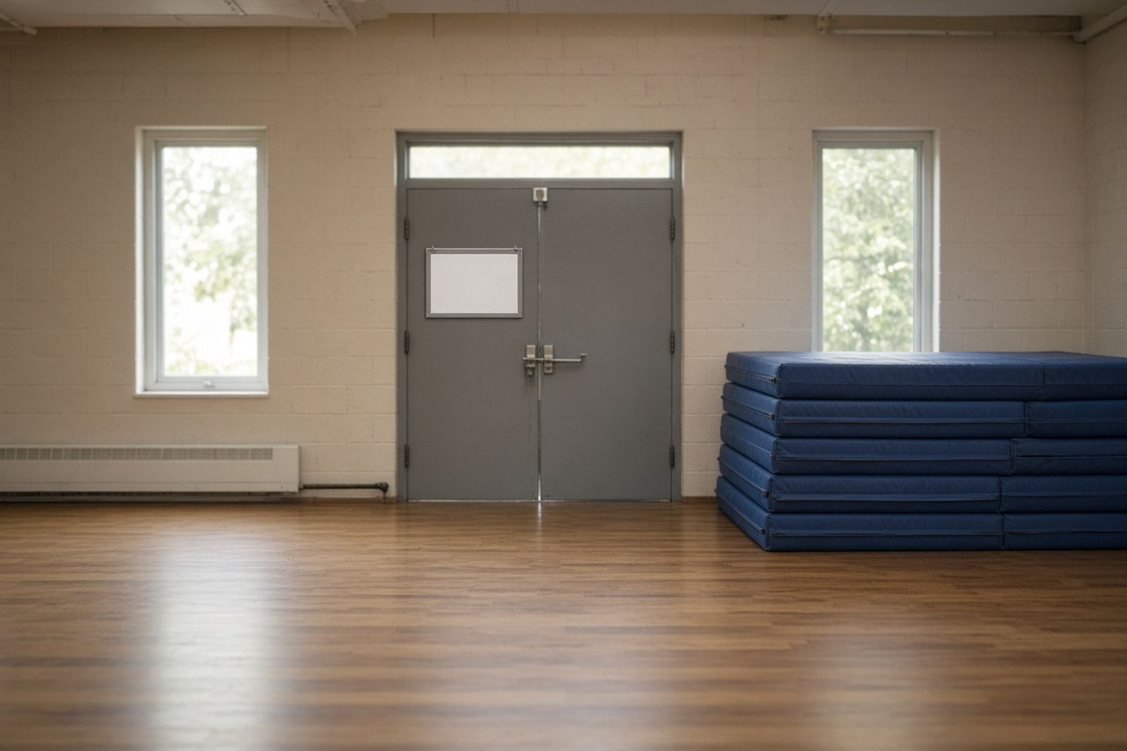 Empty gym with exercise mats stacked by the doors and a blank notice on the door