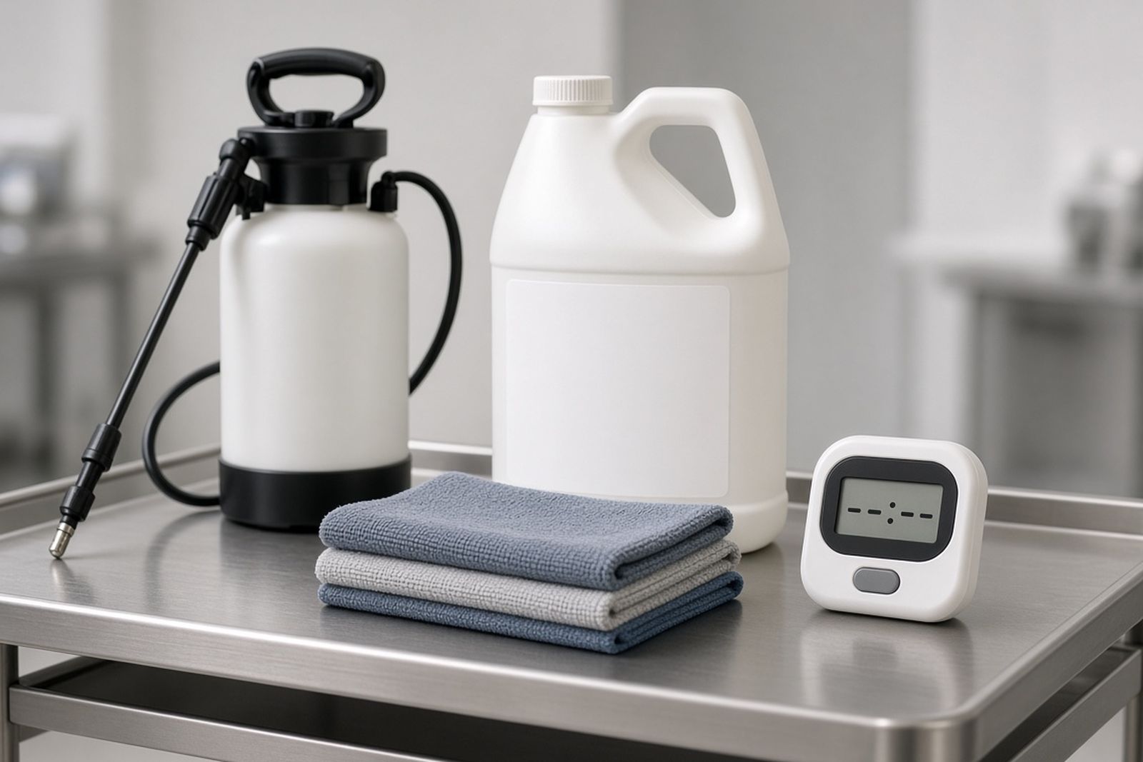 Pump sprayer, disinfectant jug, folded cloths and a contact-time timer on a steel cart